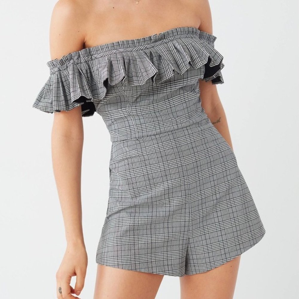 Urban Outfitters Off-the-Shoulder Plaid Ruffled Romper